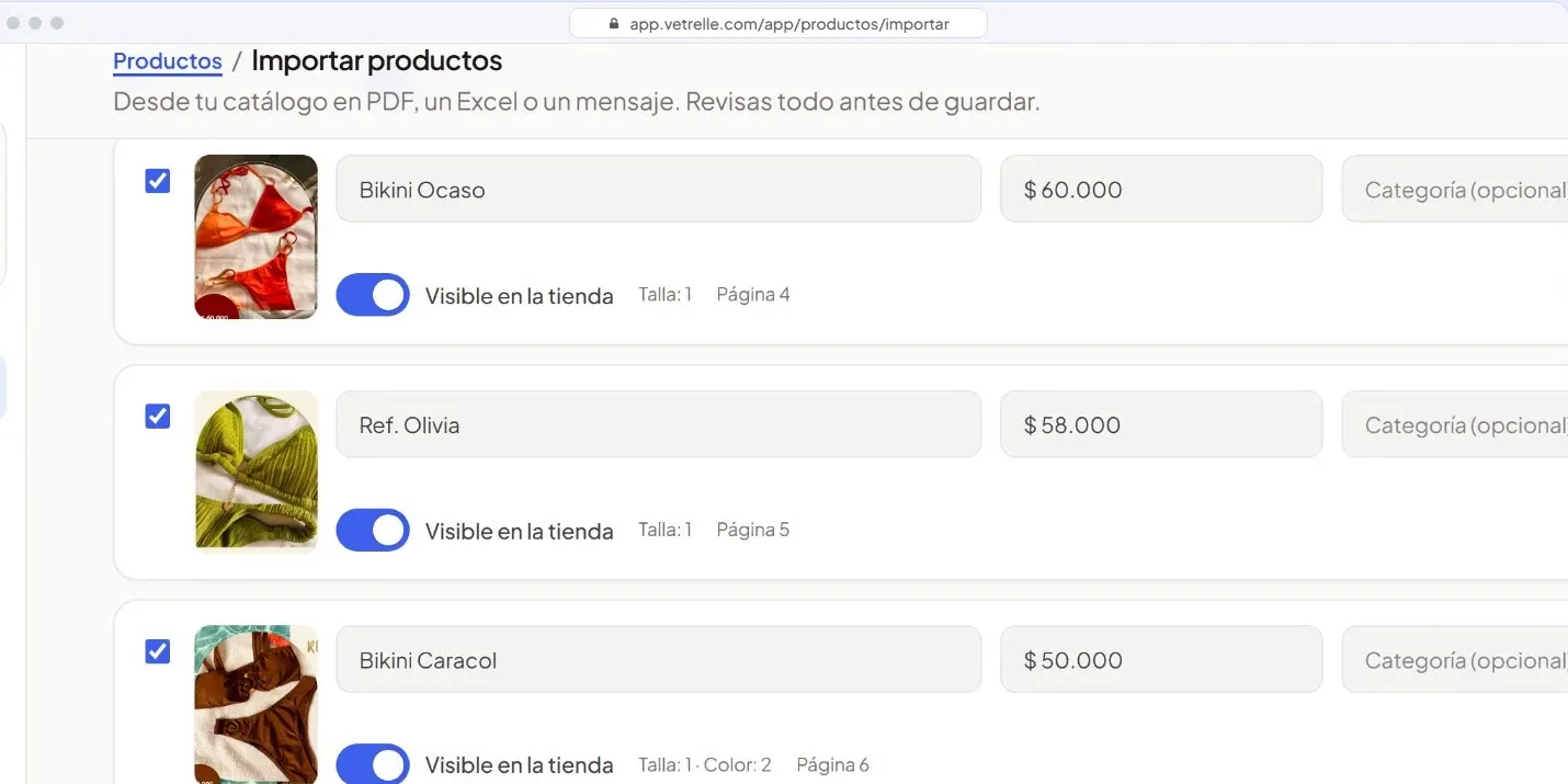 Vetrelle import screen with three products read from a PDF, each with photo, name, price and sizes, ready for review.