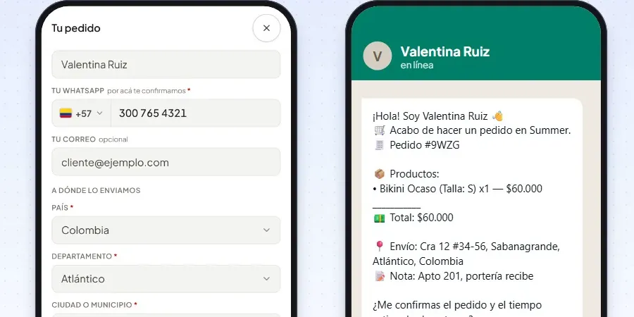 The order form on the buyer’s phone next to the same order received as a WhatsApp message with product, size, total and address.