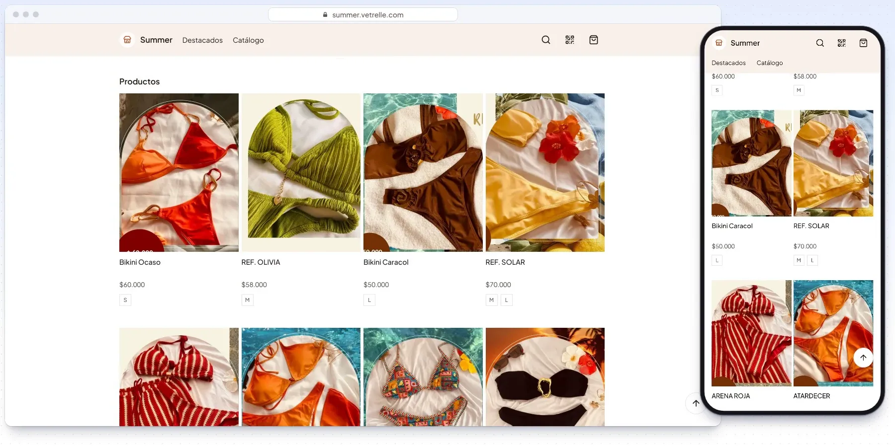 The Summer demo store on Vetrelle, open in a desktop browser and on a phone, with products, prices and sizes.